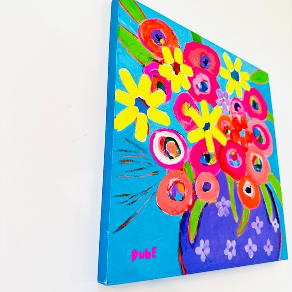 Original Floral Painting: Abstract Flowers in Vase 12" x 12" Wood Panel  OOAK - Picture 3 of 6